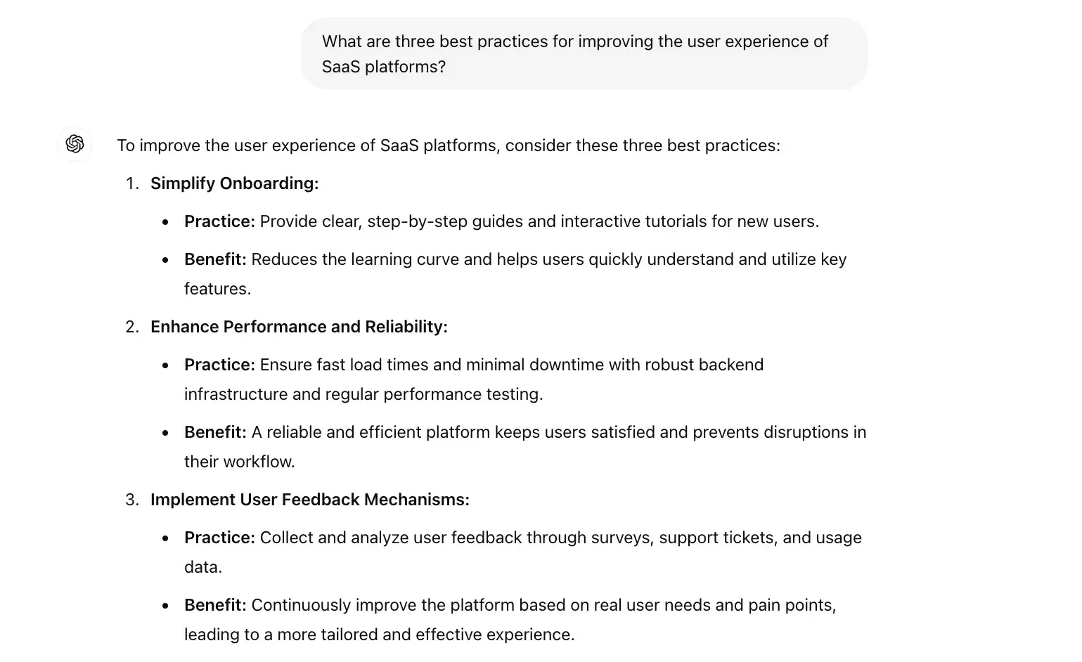 chat gpt for ux design prompt, what are three best practices for improving the user experience of saas platform 