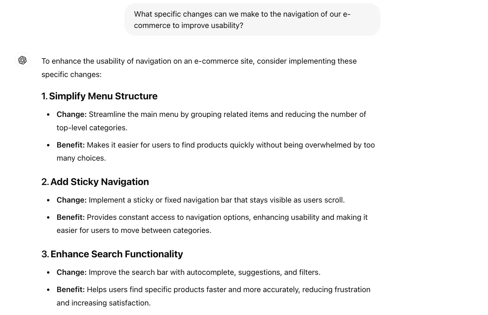 chat gpt for ux design prompt, what specific changes can we make to the navigation of our ecommerce to improve usability 