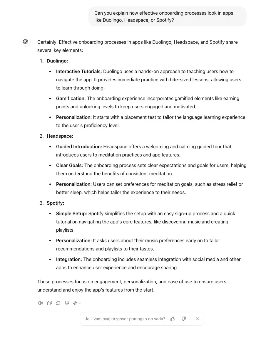 chat gpt for ux design prompt, can you explain how effective onboarding processes look in apps like duolingo headspace and spotify 