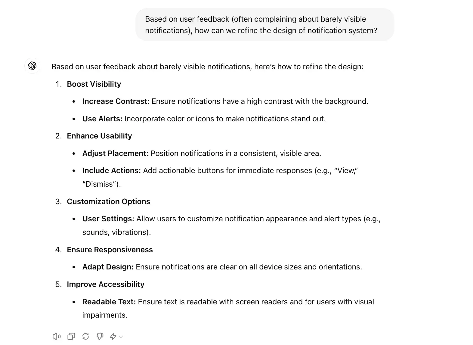 chat gpt for ux design prompt, based on user feedback, how can we refine the design of notification system 