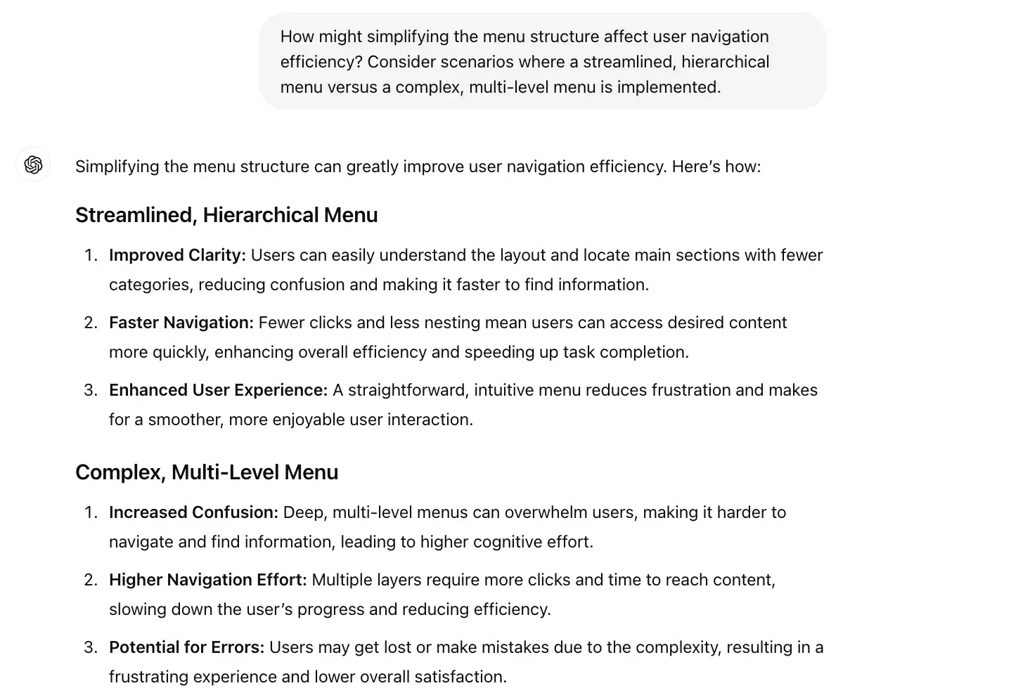 chat gpt for ux design prompt, how might simplifying the menu structure affect user navigation efficiency 