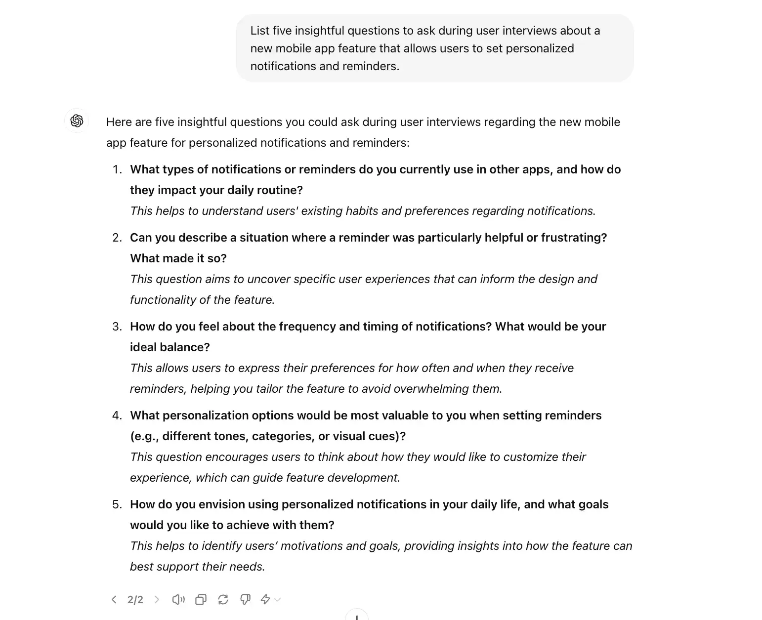 chat gpt for ux design prompt, list five questions to ask during user interviews about a new mobile app feature that allows users to set personalized notifications and reminders 