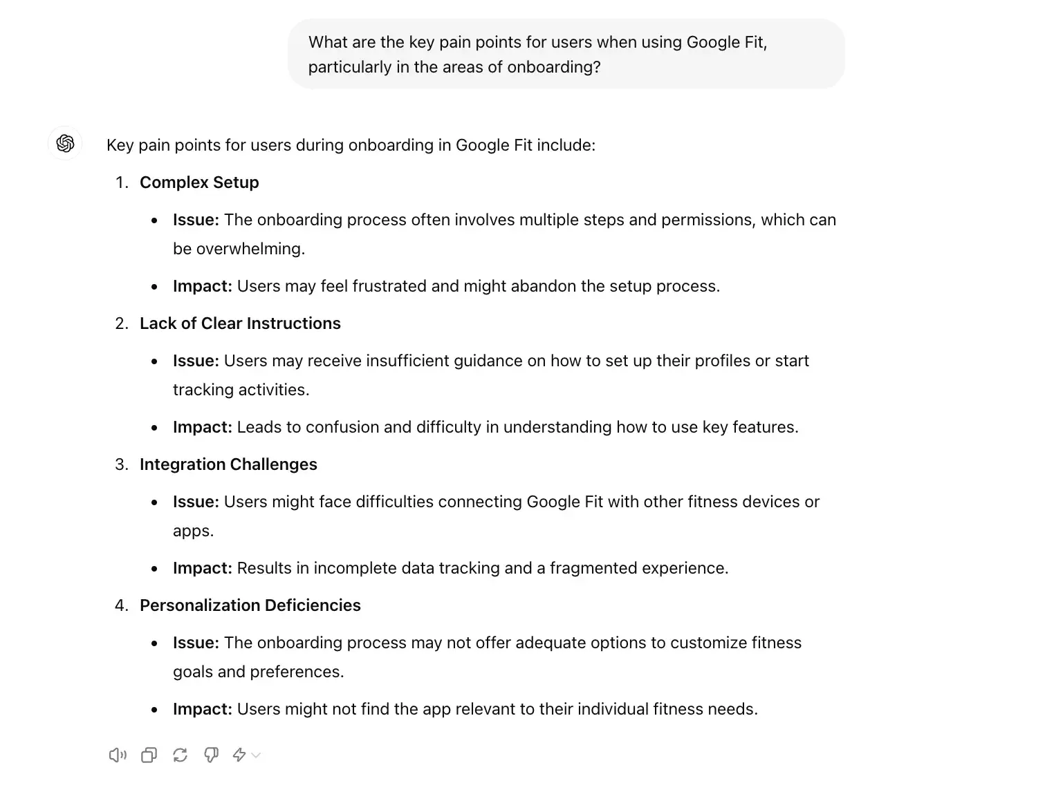 chat gpt for ux design prompt, what are the key pain points for users when using google fit