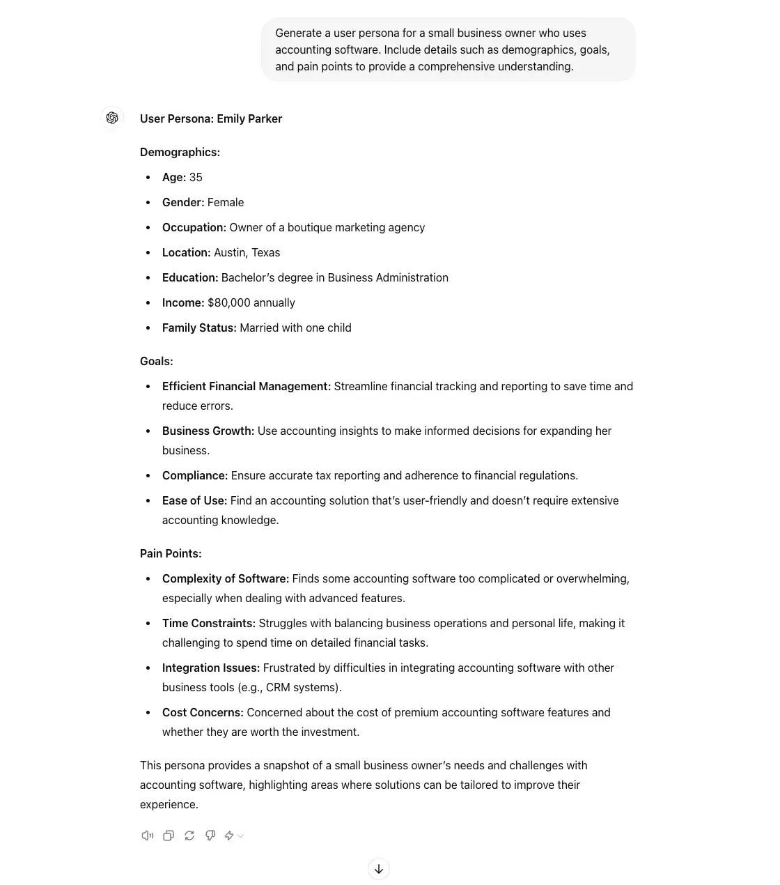 chat gpt for ux design prompt, generate a user personal for a small business owner who uses accounting software