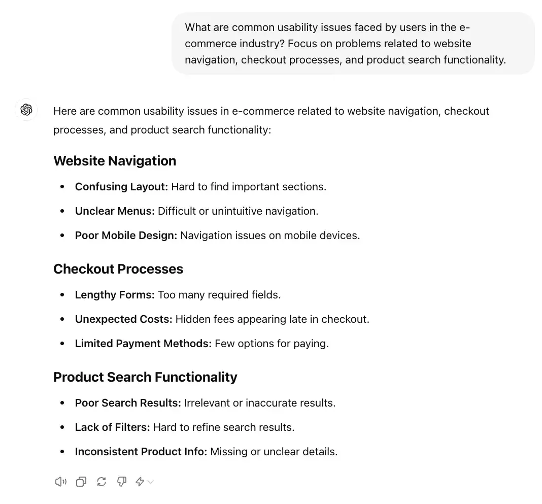 chat gpt for ux design prompt, what are common usability issues faced by users in ecommerce?