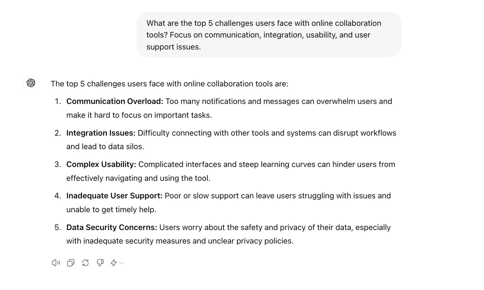 chat gpt for ux design prompt, what are the top five challenges users face with online collaboration tools?