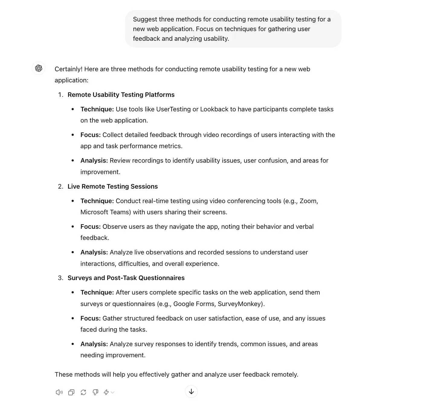 chat gpt for ux design prompt, suggest three methods for conducting remote usability testing.