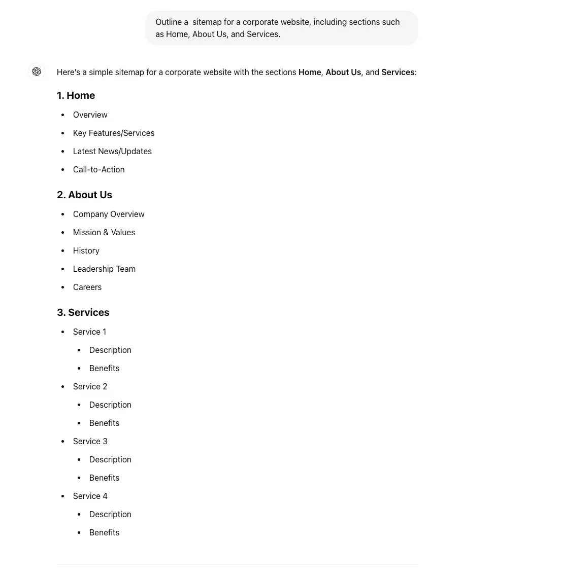 chat gpt for ux design prompt, outline a sitemap for a corporate website