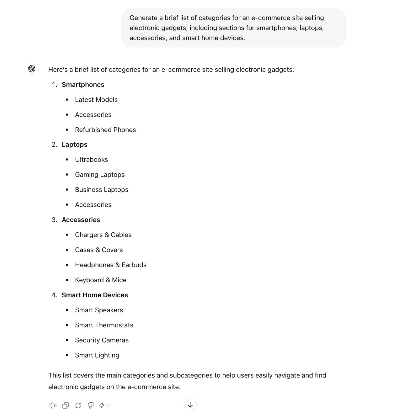 chat gpt for ux design prompt, generate a list of categories and subcategories for an ecommerce site selling gadgets