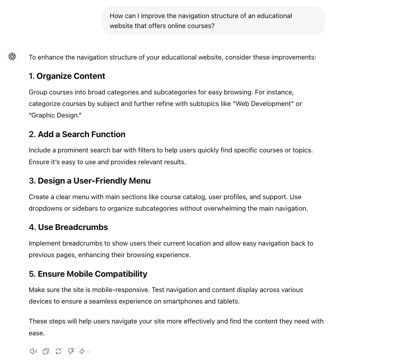 chat gpt for ux design prompt, how can I improve the navigation structure of an educational website