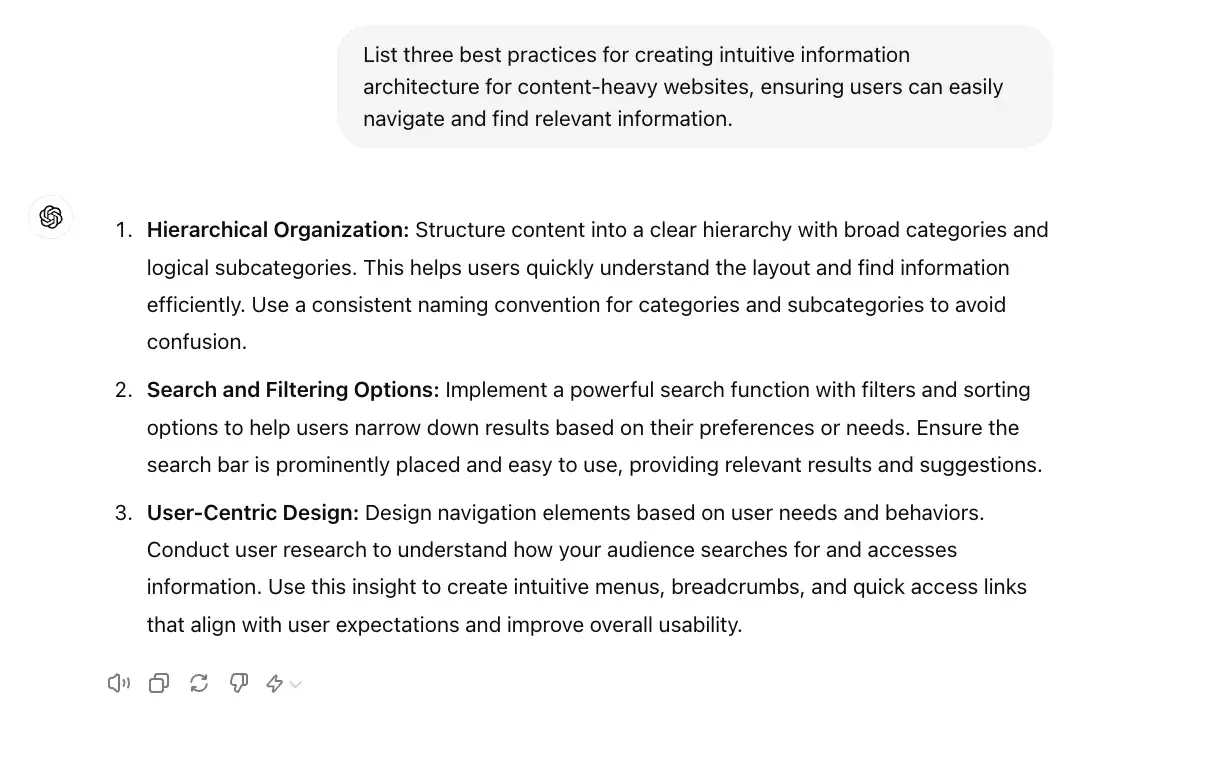 chat gpt for ux design prompt, list three best practices for creating intuitive information architecture.