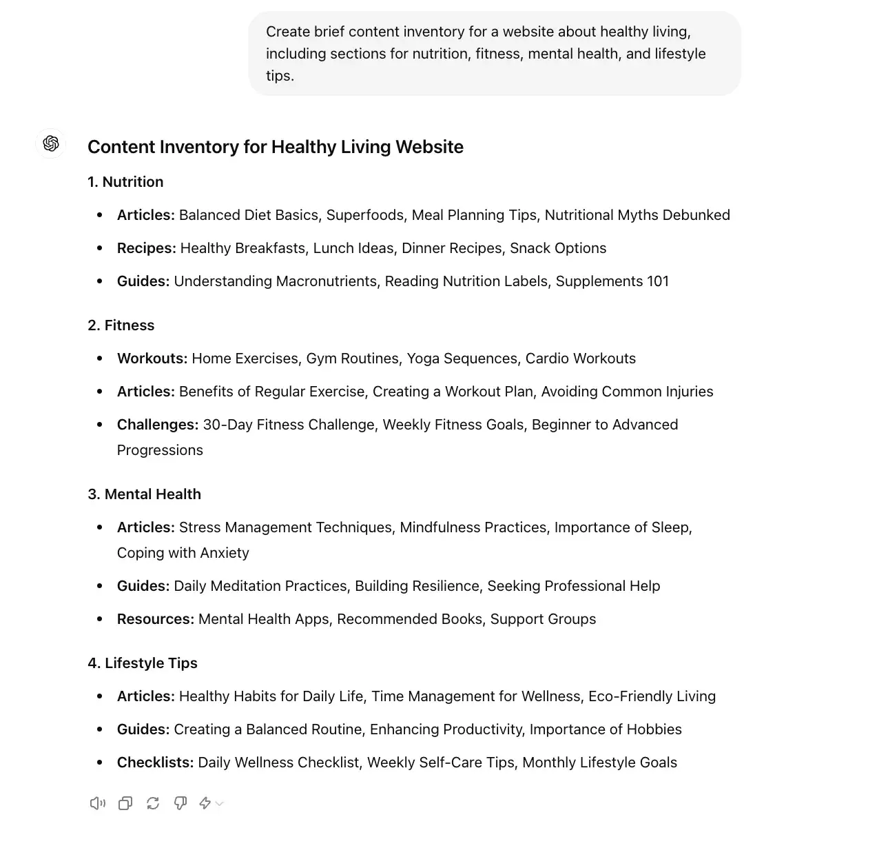 chat gpt for ux design prompt, create a content inventory for a website about healthy living.
