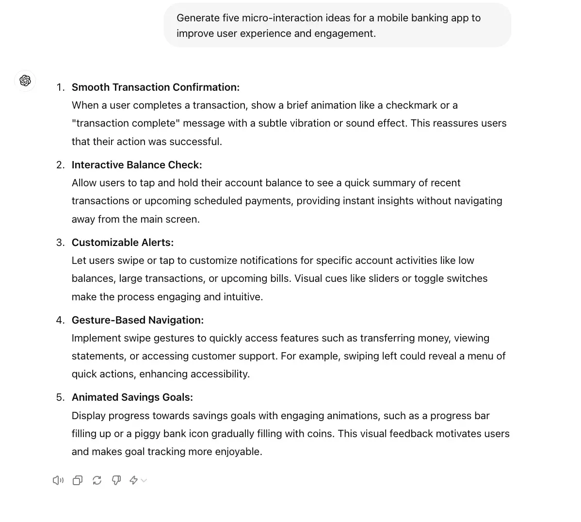chat gpt for ux design prompt, generate five microinteraction ideas for a mobile app.