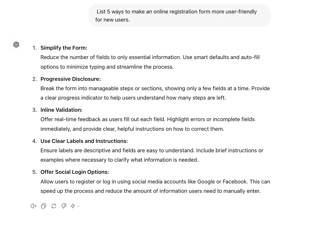 chat gpt for ux design prompt, list five ways to make a form more user-friendly.