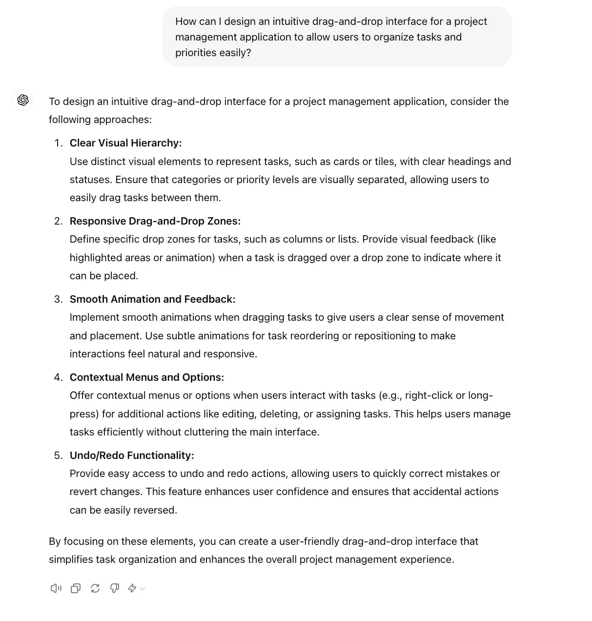 chat gpt for ux design prompt, how can I design an intuitive drag-and-drop interface for a project management application?