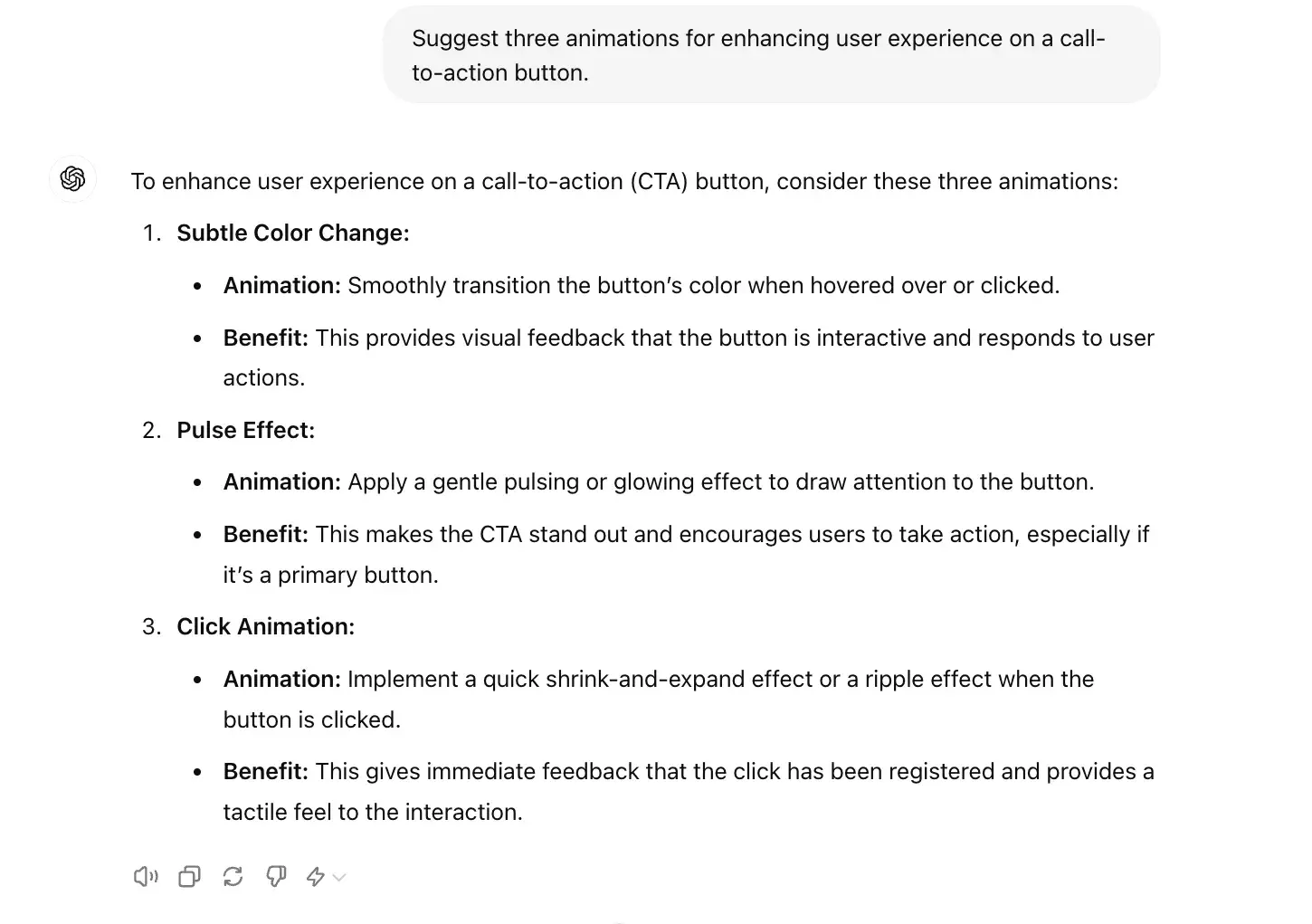 chat gpt for ux design prompt, suggest three animations for enhancing user experience on a call to action button