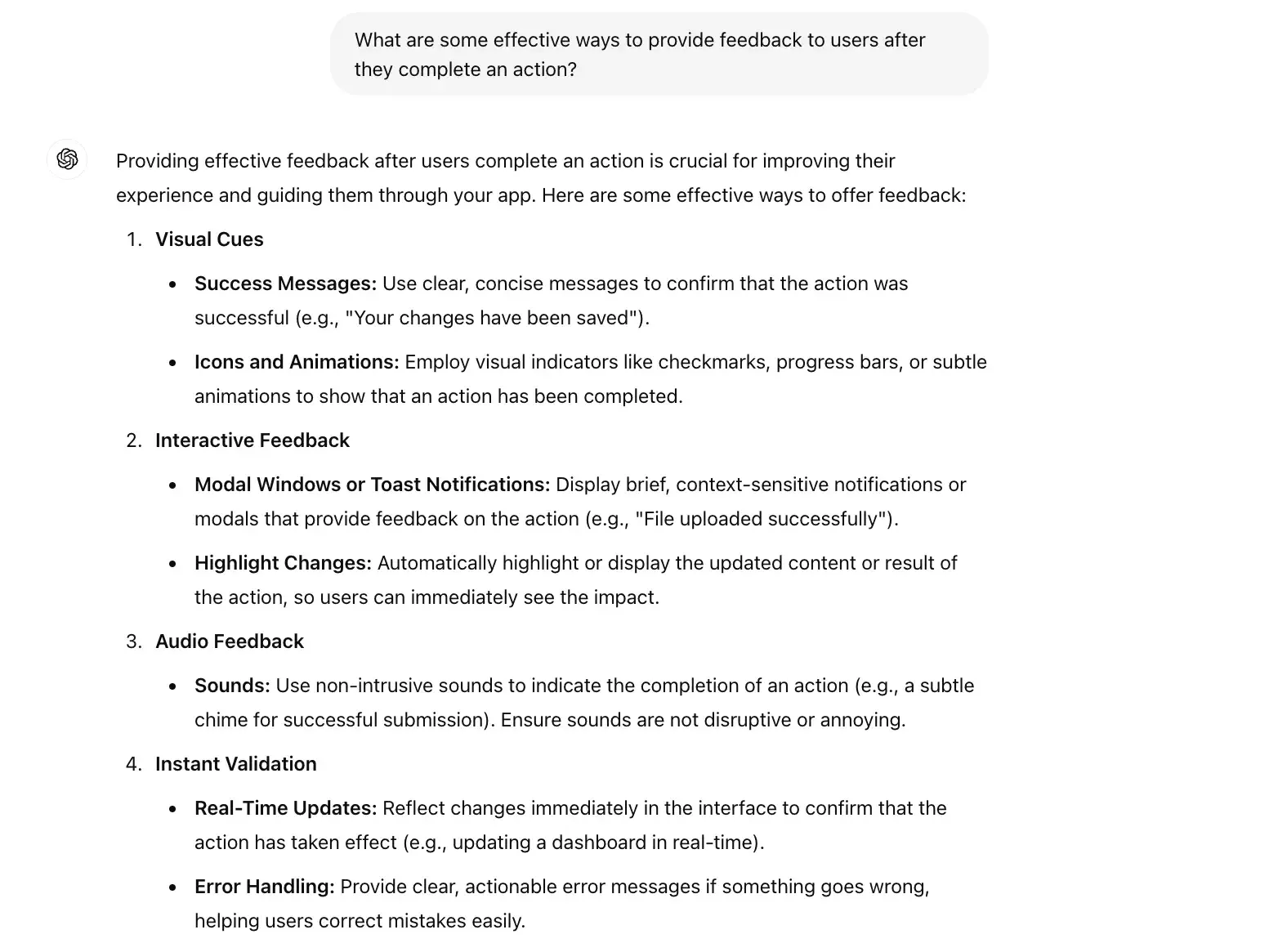 chat gpt for ux design prompt, what are some effective ways to provide feedback to users after they complete an action?