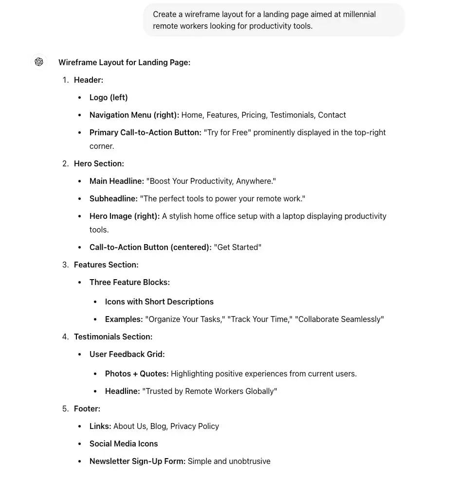 chat gpt for ux design prompt, create a wireframe layout for a landing page aimed at millennial remote workters