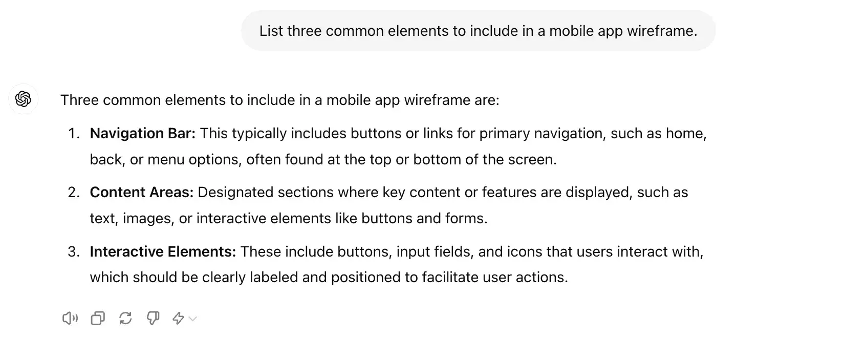 chat gpt for ux design prompt, list three common elements to include in a mobile app wireframe.