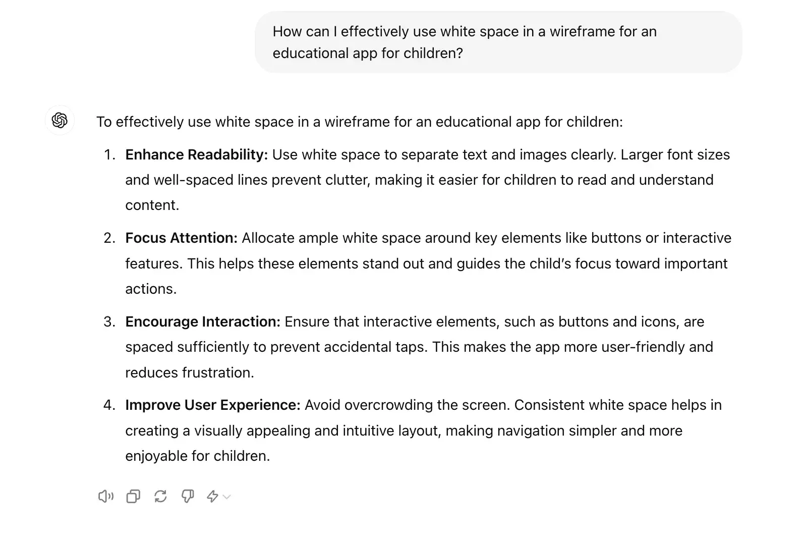 chat gpt for ux design prompt, How can I effectively use white space in a wireframe for an educational app for children