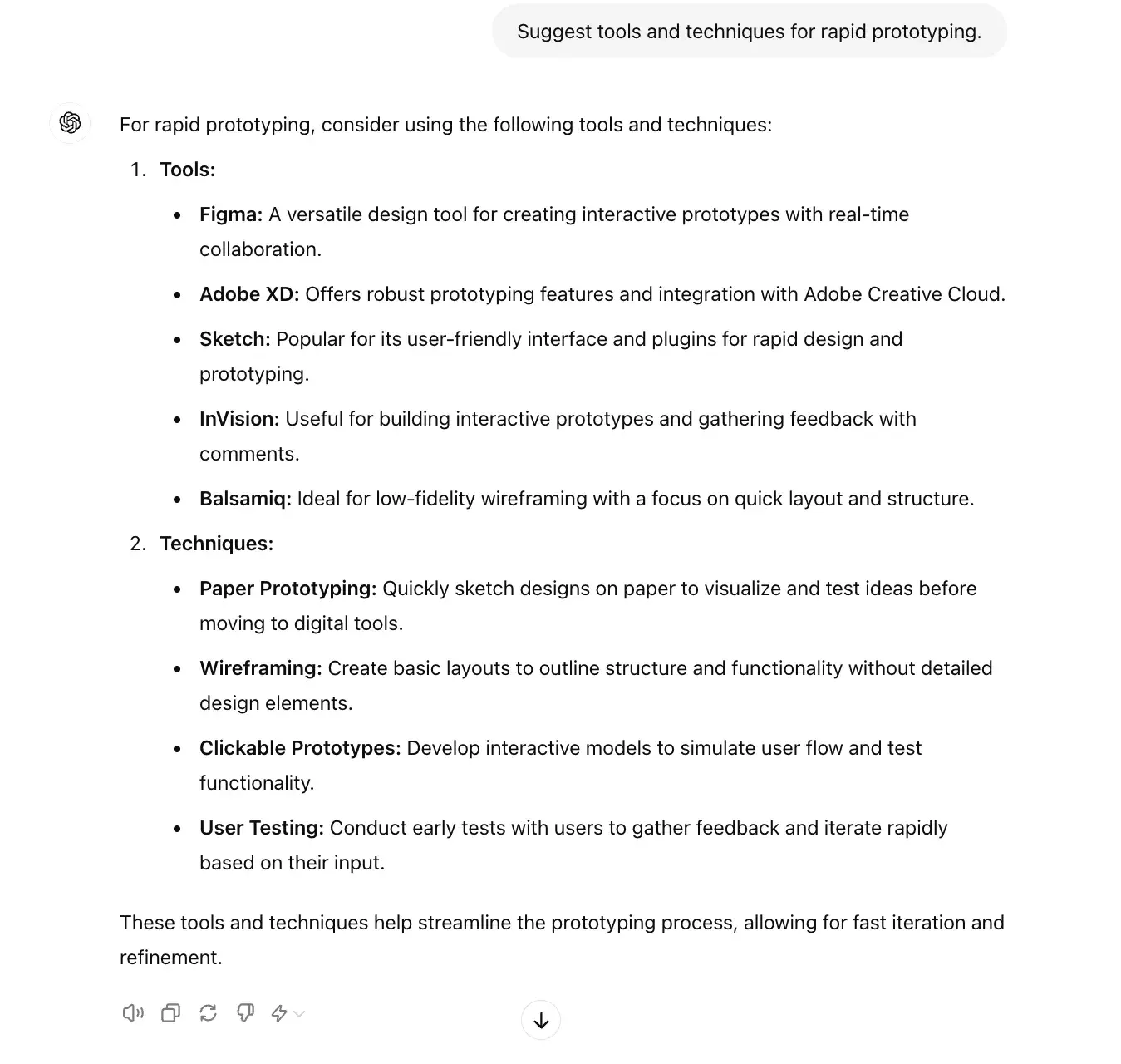 chat gpt for ux design prompt, suggest tools and techniques for rapid prototyping.