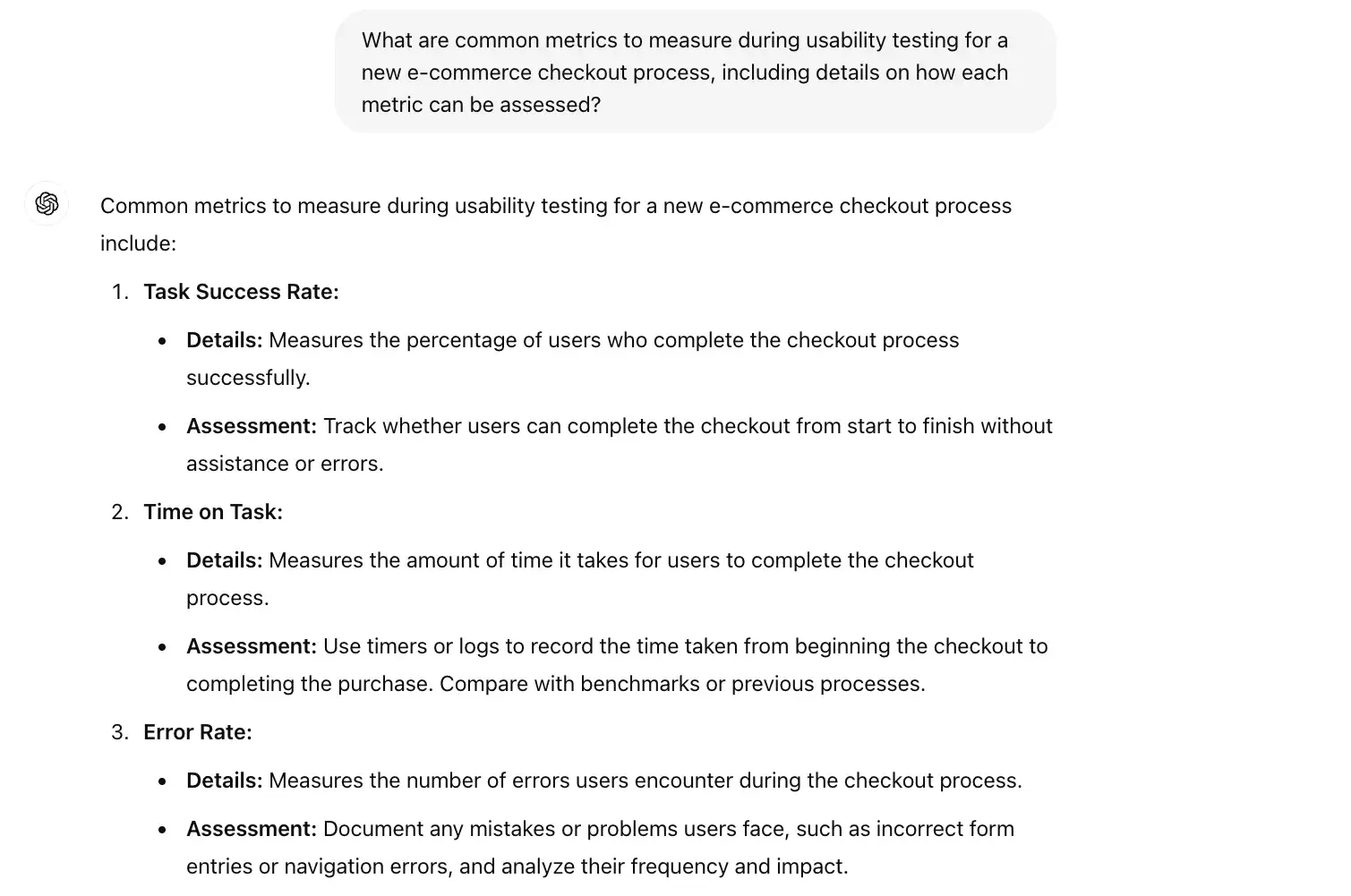 chat gpt for ux design prompt, what are common metrics to measure during usability testing for an ecommerce site