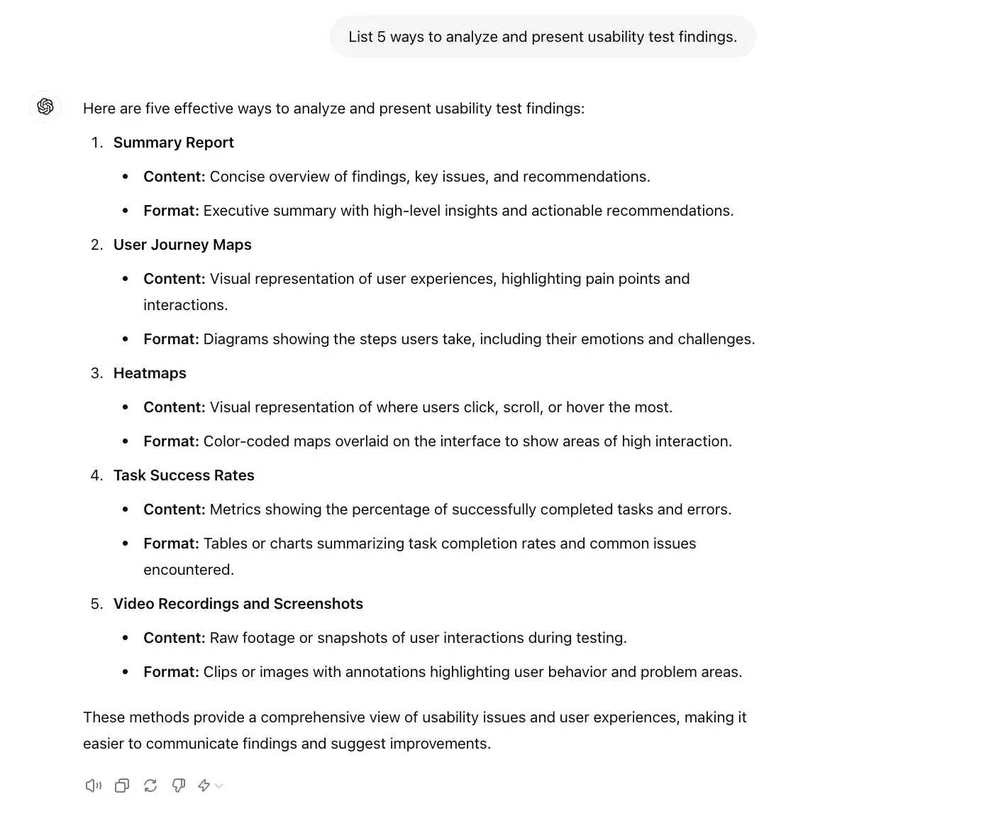chat gpt for ux design prompt, list five ways to analyze and present usability test findings.
