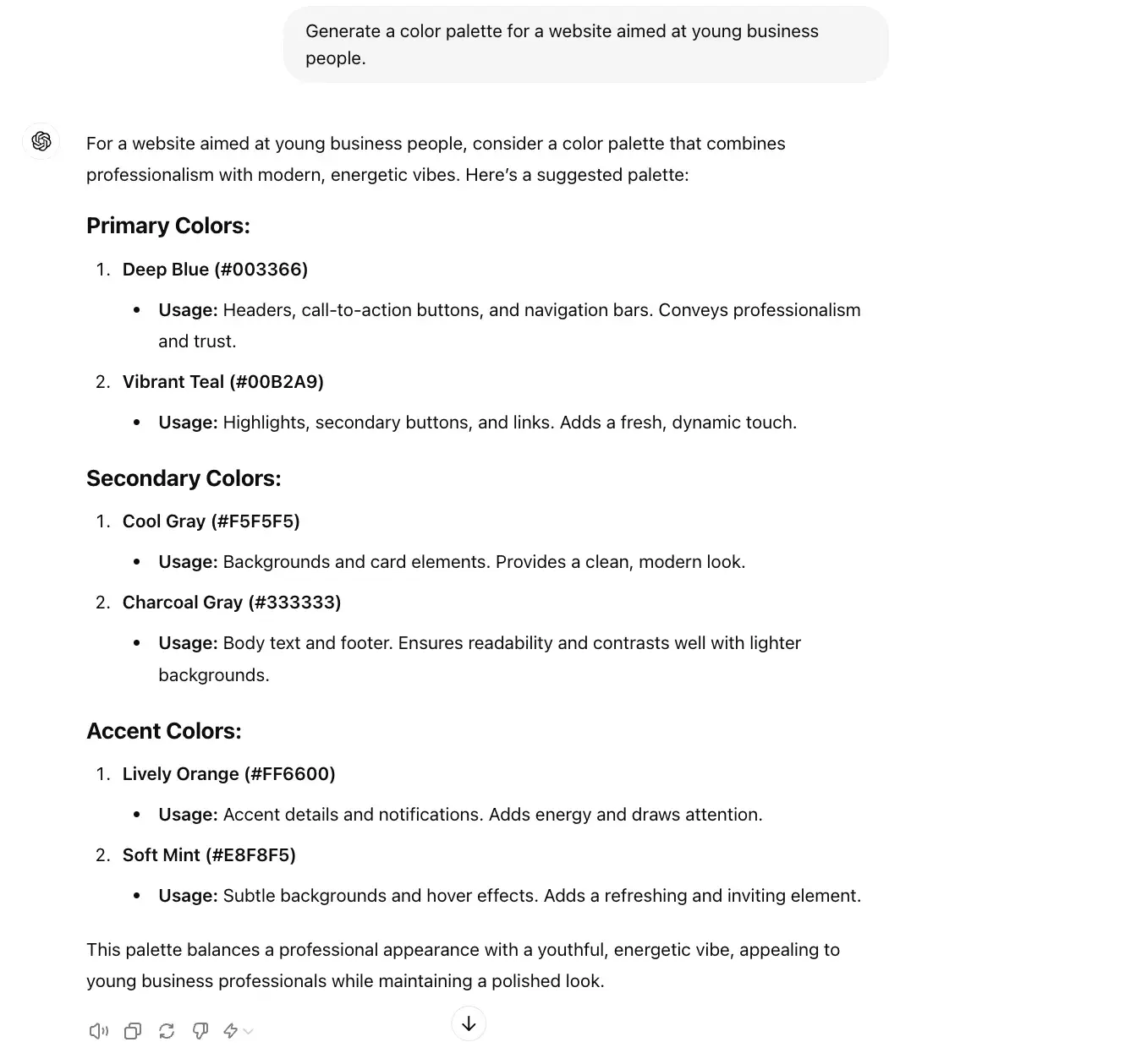 chat gpt for ux design prompt, generate a color palette for a website aimed at young business people
