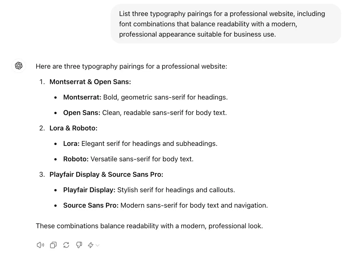 chat gpt for ux design prompt, list three typography pairings for a professional website.