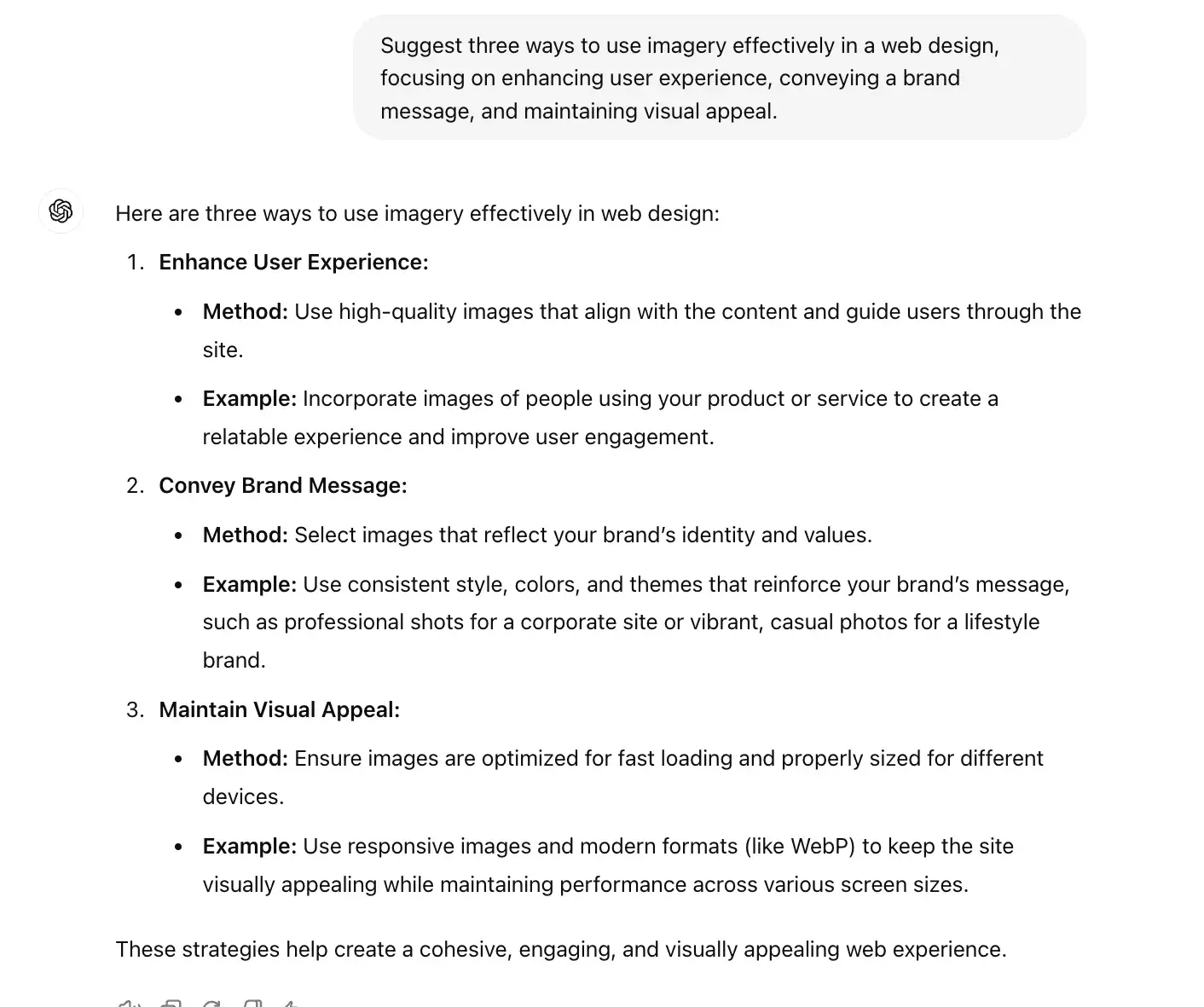 chat gpt for ux design prompt, suggest three ways to use imagery effectively in a web design