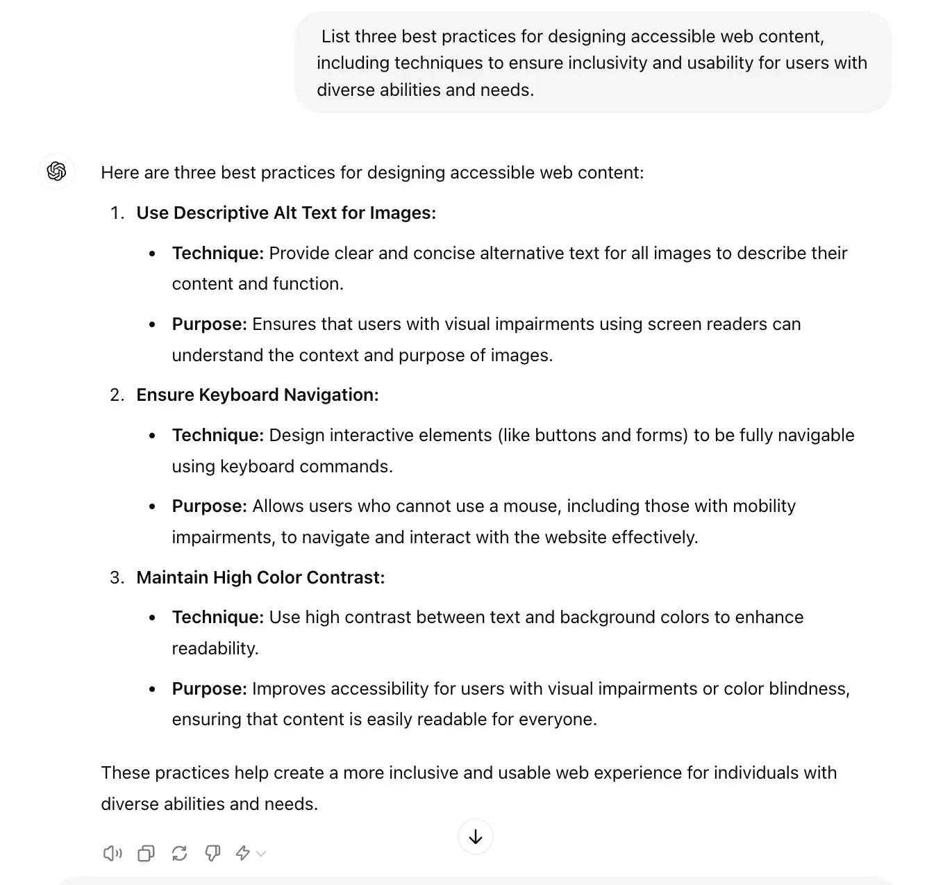 chat gpt for ux design prompt, list three best practices for designing accessible web content.