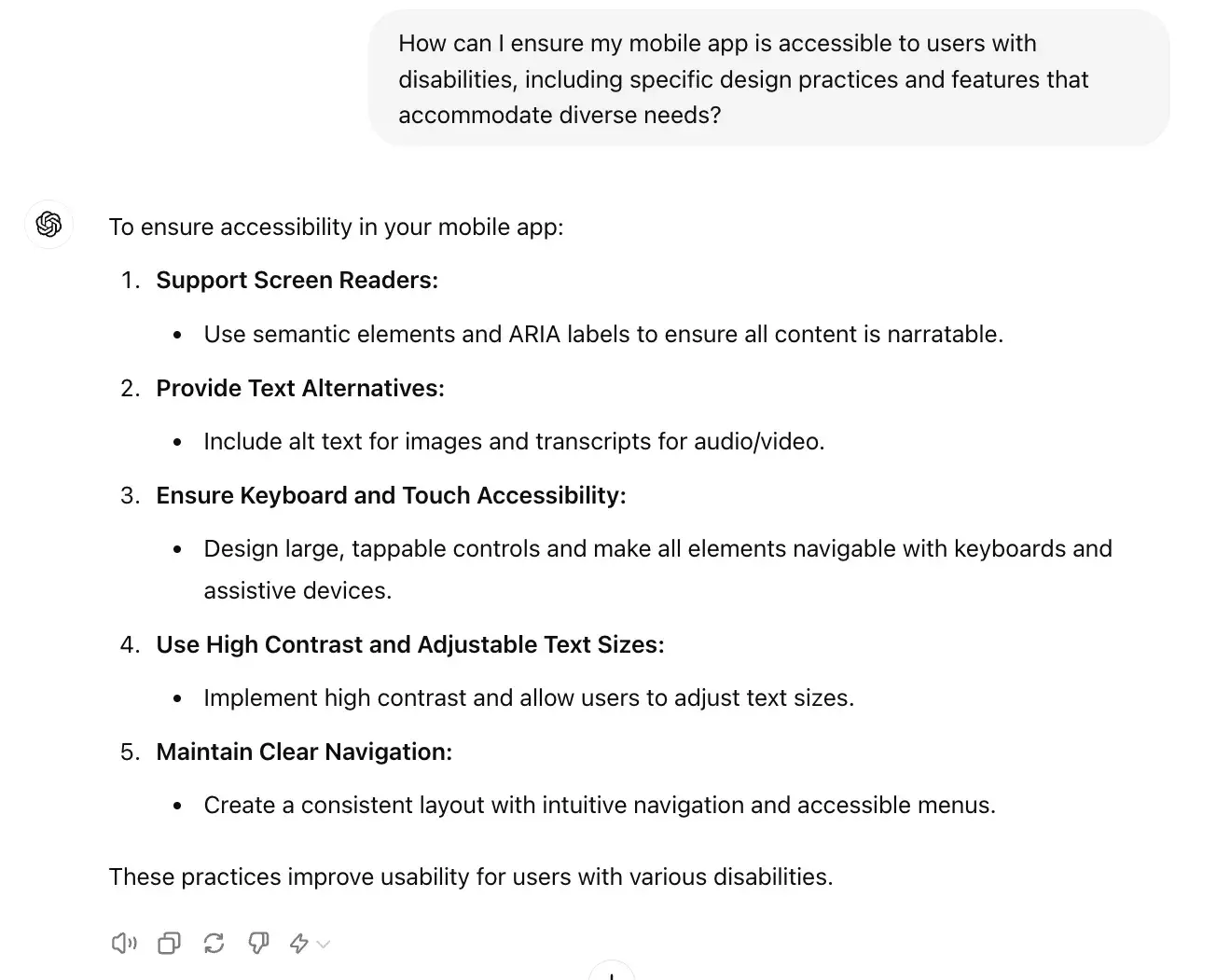chat gpt for ux design prompt, how can I ensure my mobile app is accessible to users with disabilities?