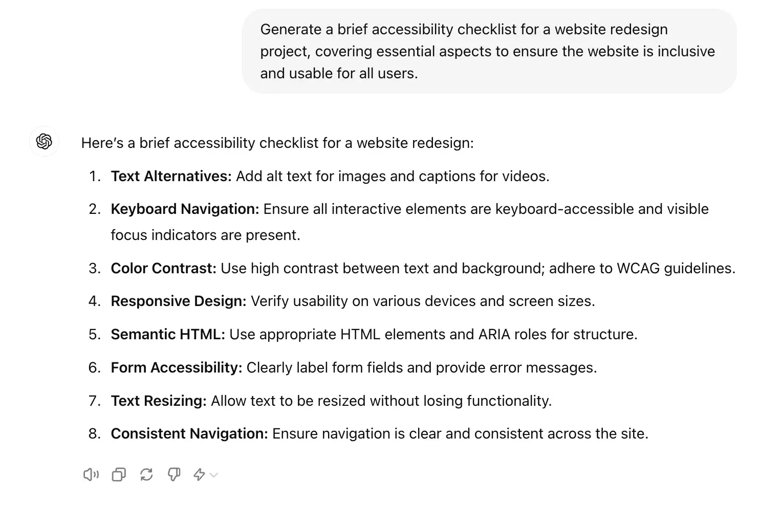 chat gpt for ux design prompt, generate an accessibility checklist for a website redesign project.