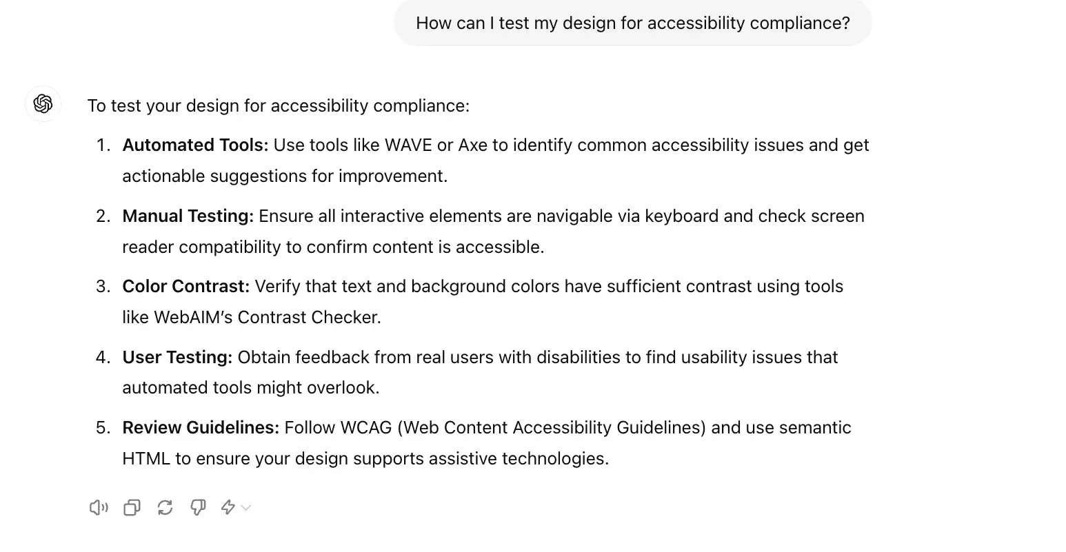 chat gpt for ux design prompt, how can I test my design for accessibility compliance?