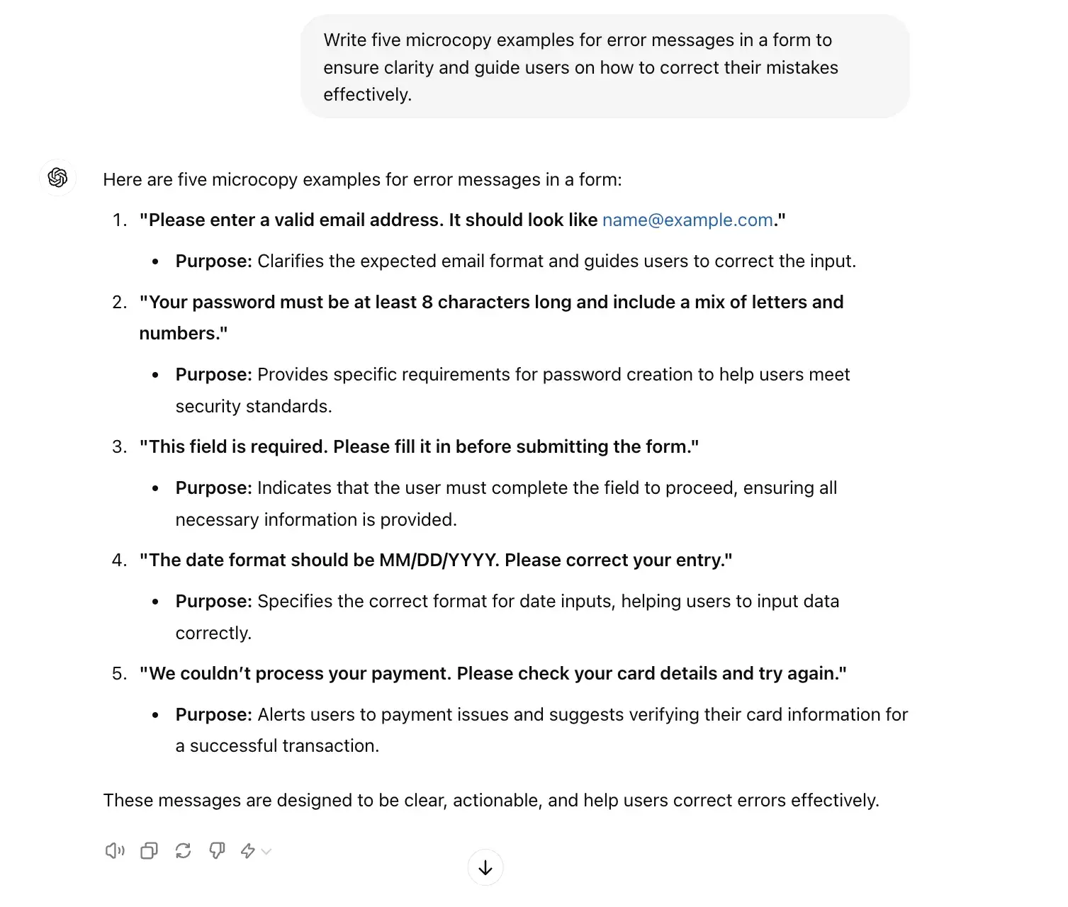 chat gpt for ux design prompt, write five microcopy examples for error messages in a form.