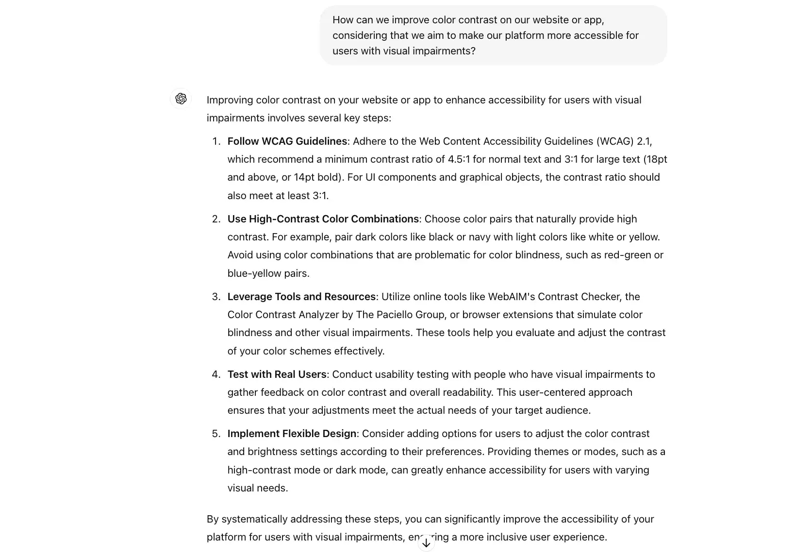 chat gpt for ux design prompt, how can we improve color contrast on our website or app 