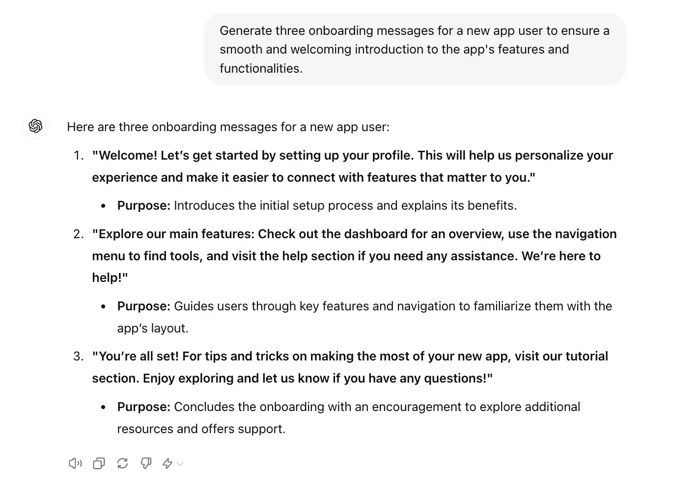 chat gpt for ux design prompt, generate three onboarding messages for a new app user.