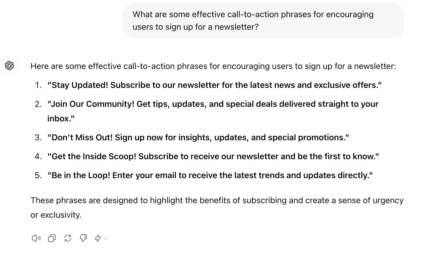 chat gpt for ux design prompt, what are some effective call-to-action phrases for ecommerce newsletters