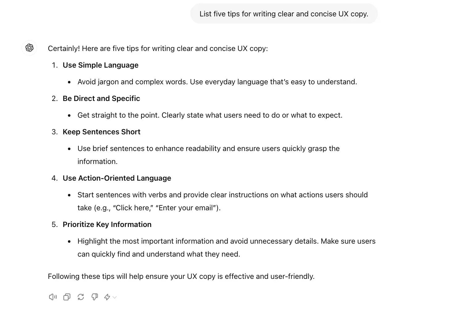 chat gpt for ux design prompt, list five tips for writing clear and concise UX copy.