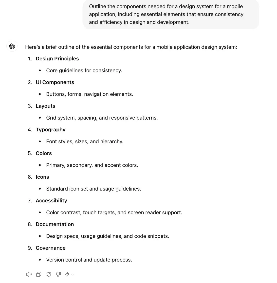 chat gpt for ux design prompt, outline the components needed for a design system for a mobile application