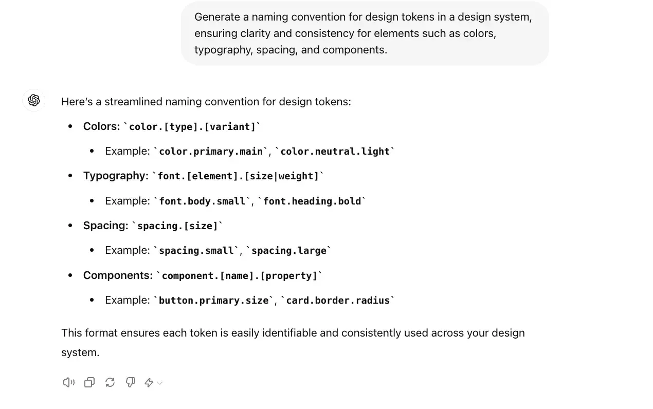 chat gpt for ux design prompt, generate a naming convention for design tokens in a design system