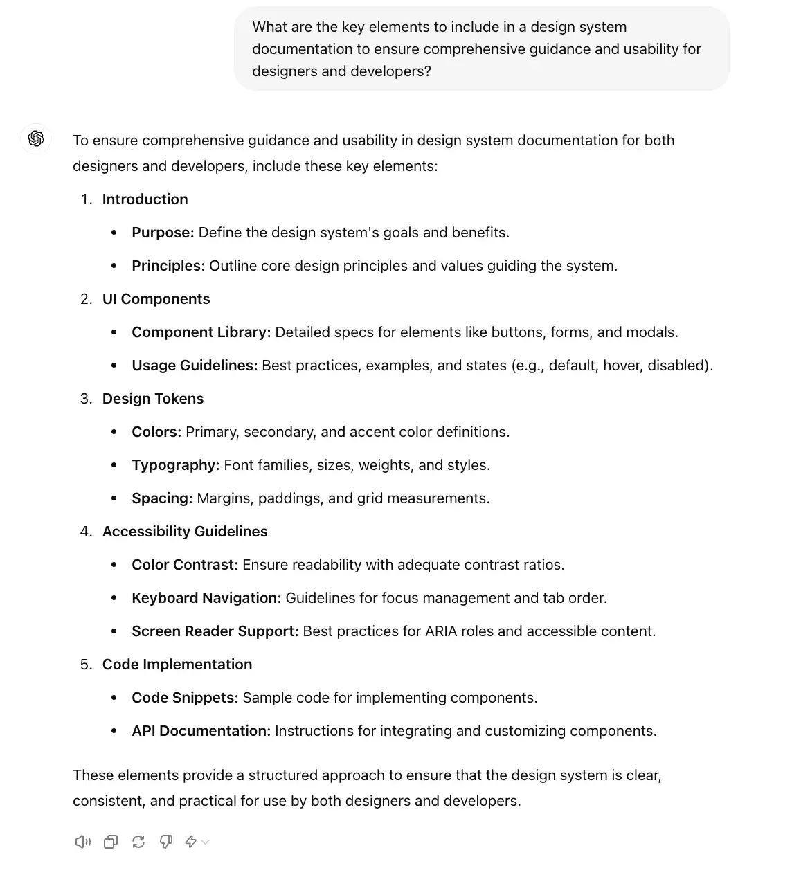 chat gpt for ux design prompt, what are the key elements to include in a design system documentation