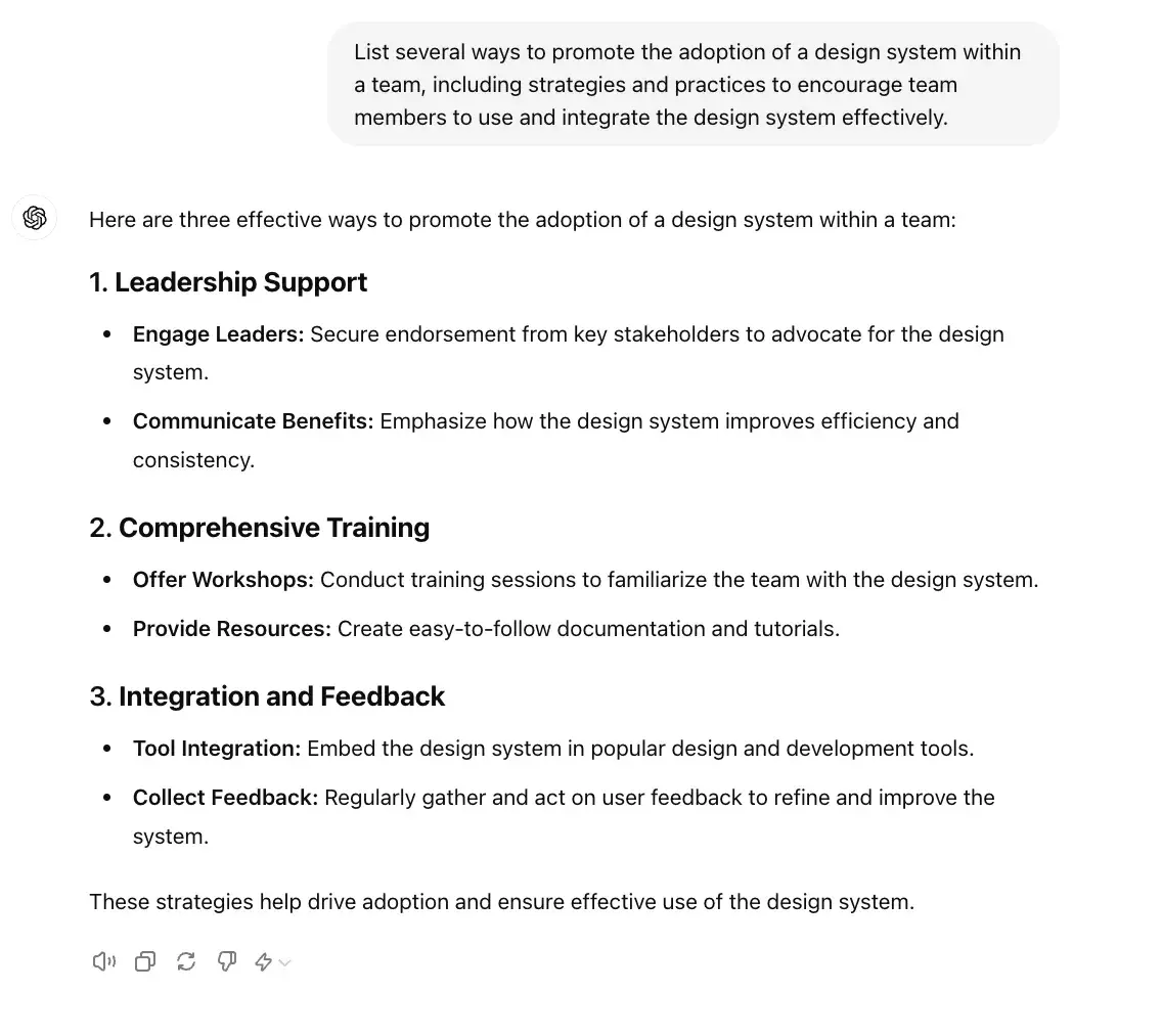 chat gpt for ux design prompt, list several ways to promote adoption of a design system within a team.