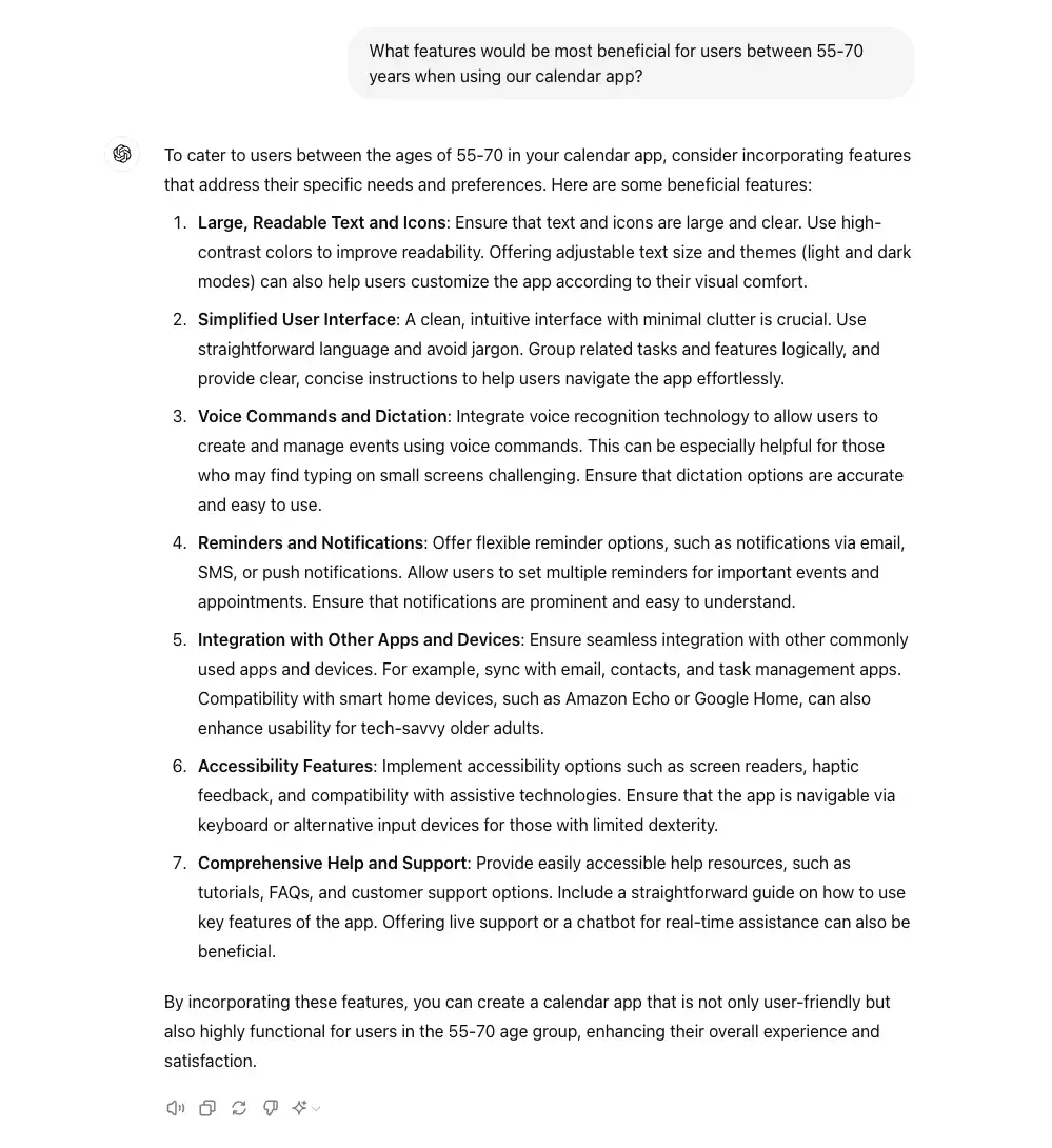 chat gpt for ux design prompt, what features would be most beneficial for users between 55-70 years when using our calendar app