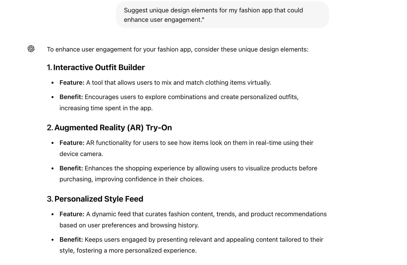 chat gpt for ux design prompt, suggest unique design elements for my fashion app