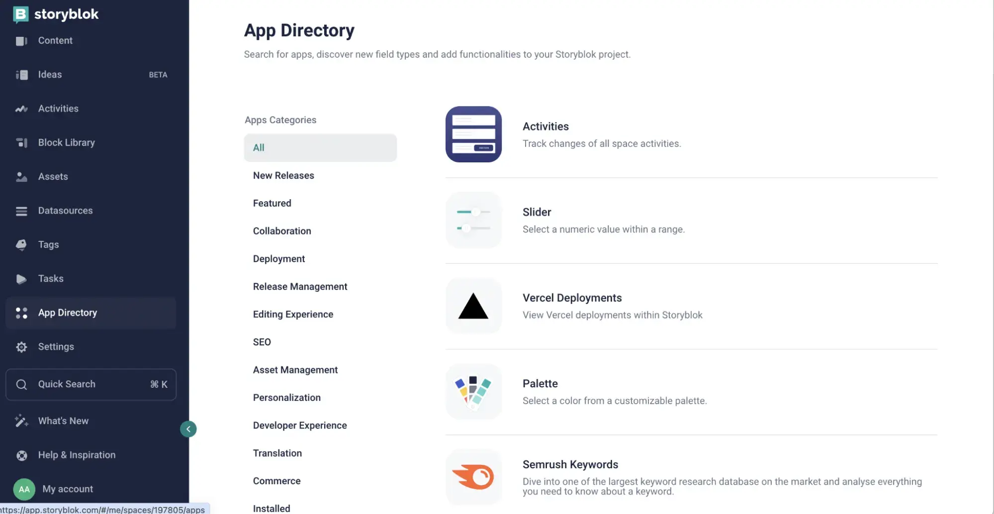 Storyblok’s app directory screenshot. The app directory lists apps contributing to Storyblok being one of the best SaaS content management systems.