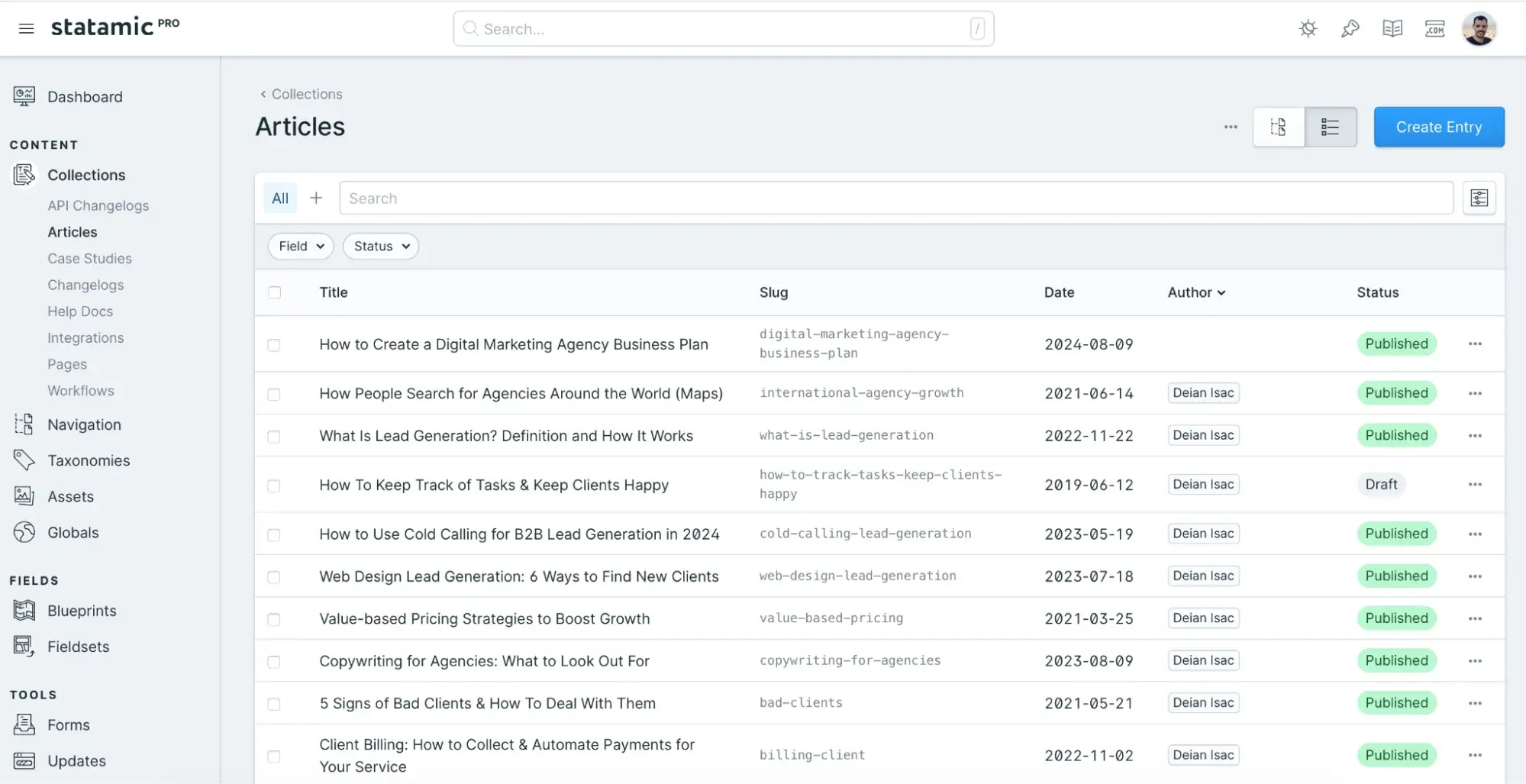 Screenshot of Statamic CMS, a CMS voted one of the best SaaS content management systems. The screenshot shows articles.