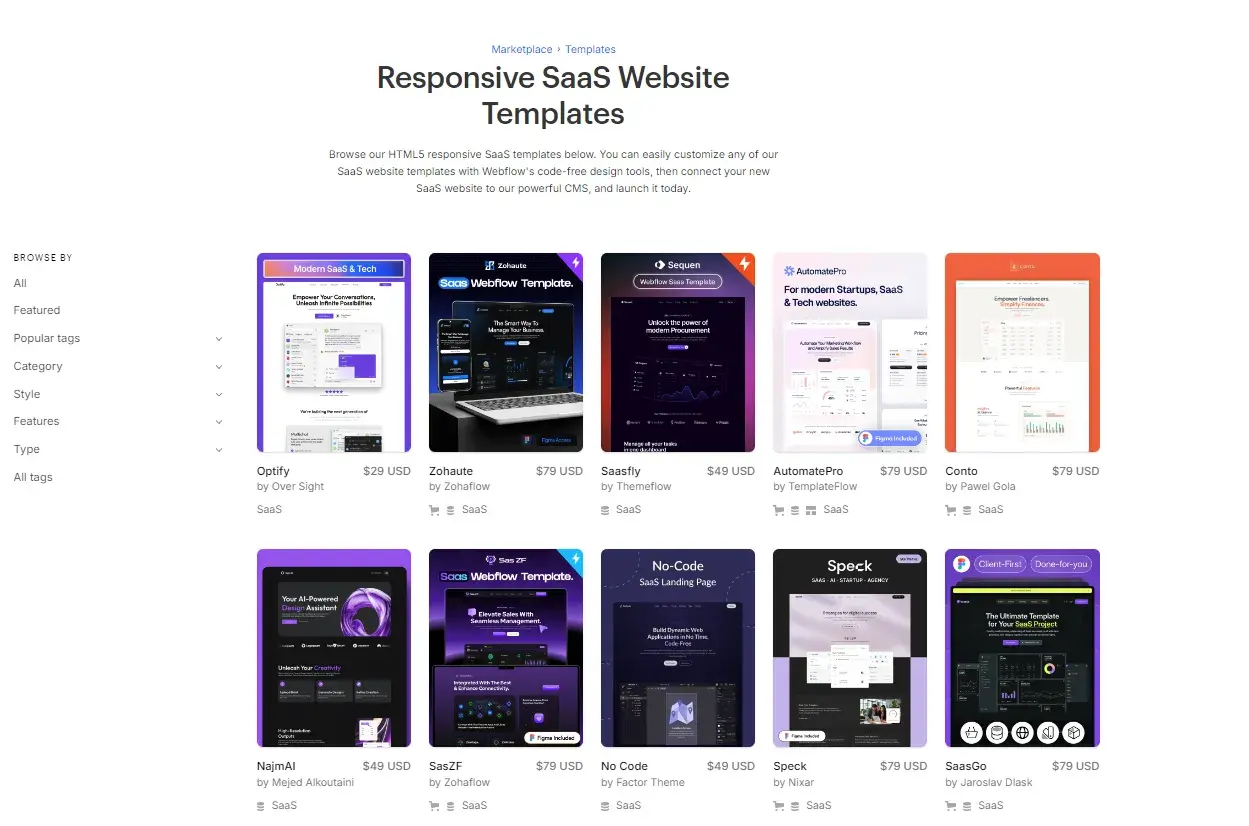 screenshot from Webflow, a CMS recommended for SaaS business. The screenshot shows Webflow’s responsive SaaS website templates that SaaS businesses can use for a small fee.