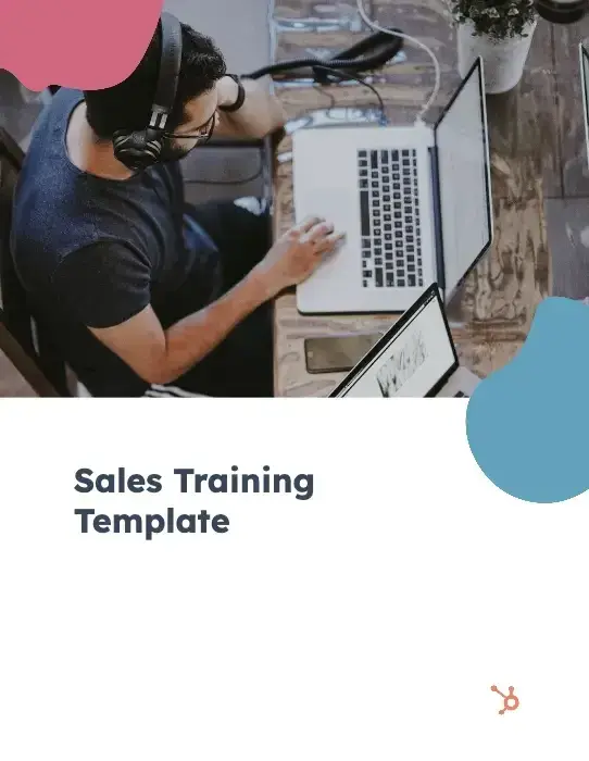 Image of man using a laptop and the text, “sales training template”