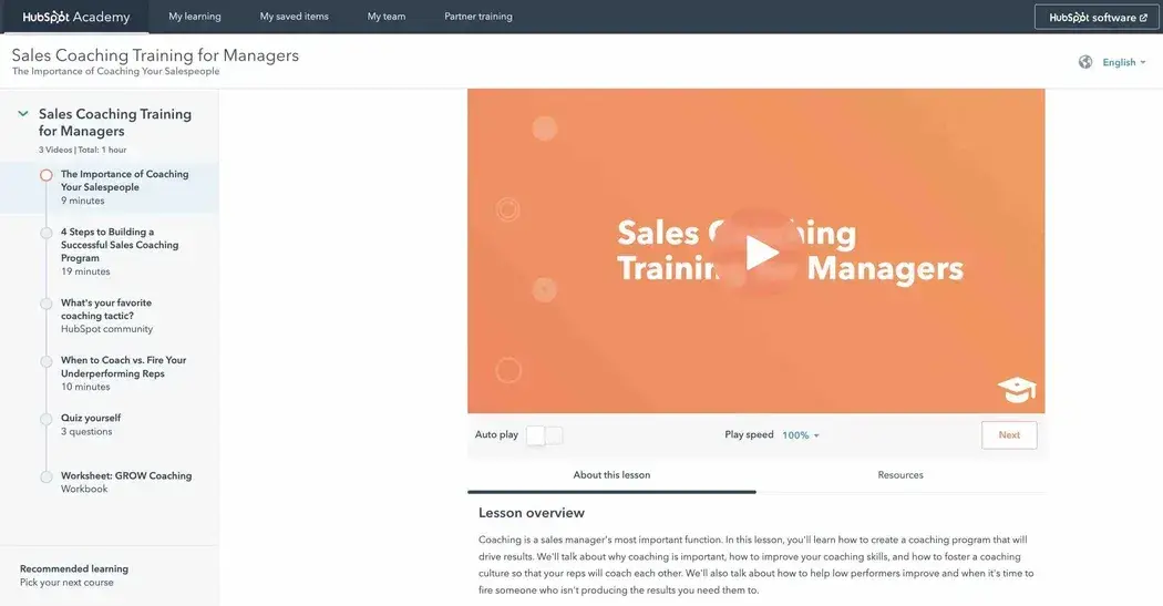 Screenshot of HubSpot’s sales coaching training for managers dashboard.